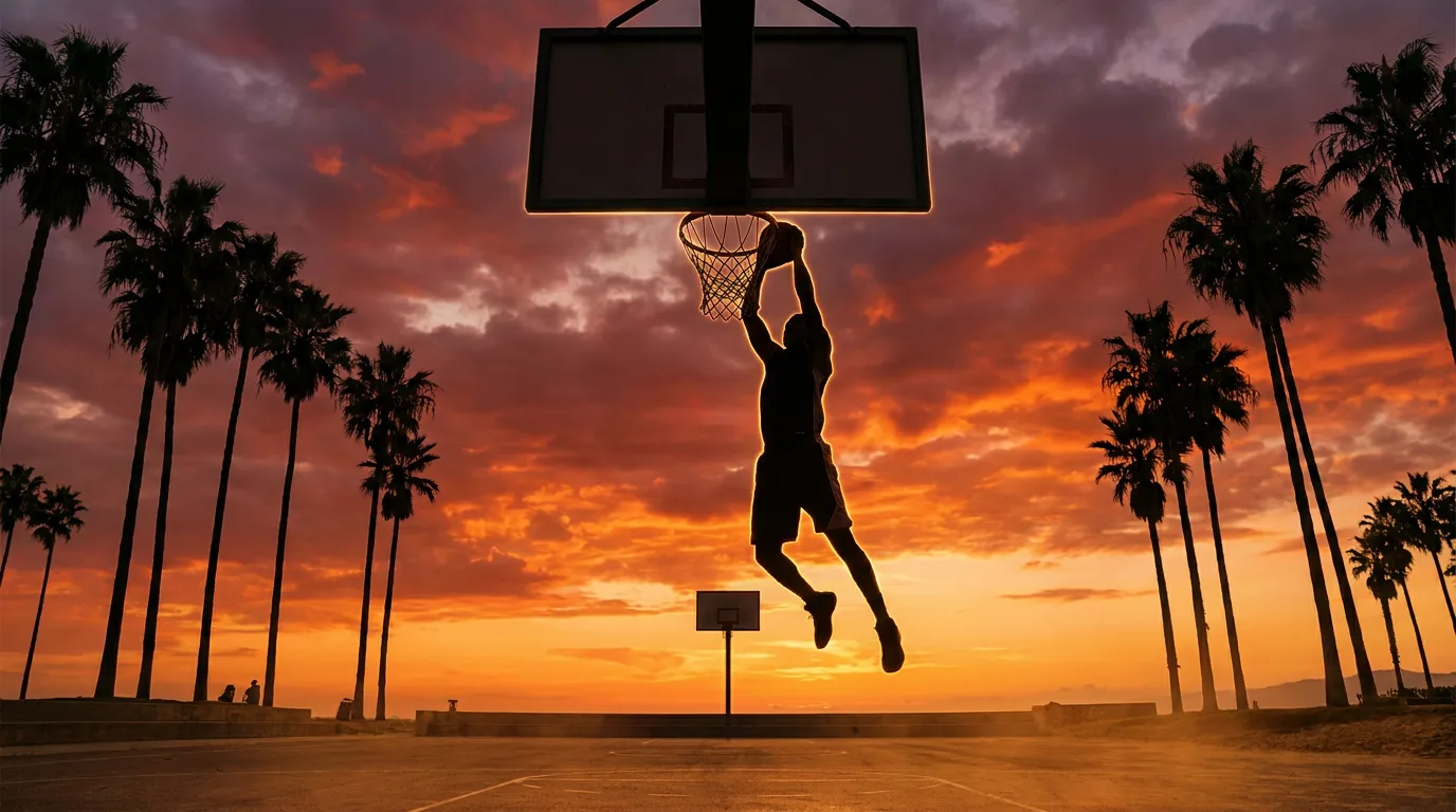 Panier de basketball en contre-jour au coucher du soleil