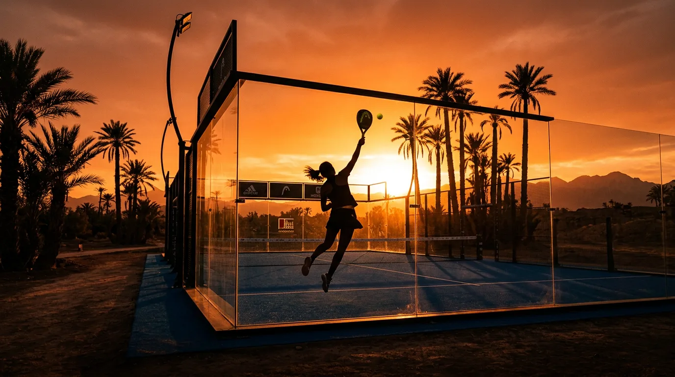 Terrain de padel panoramique au coucher du soleil