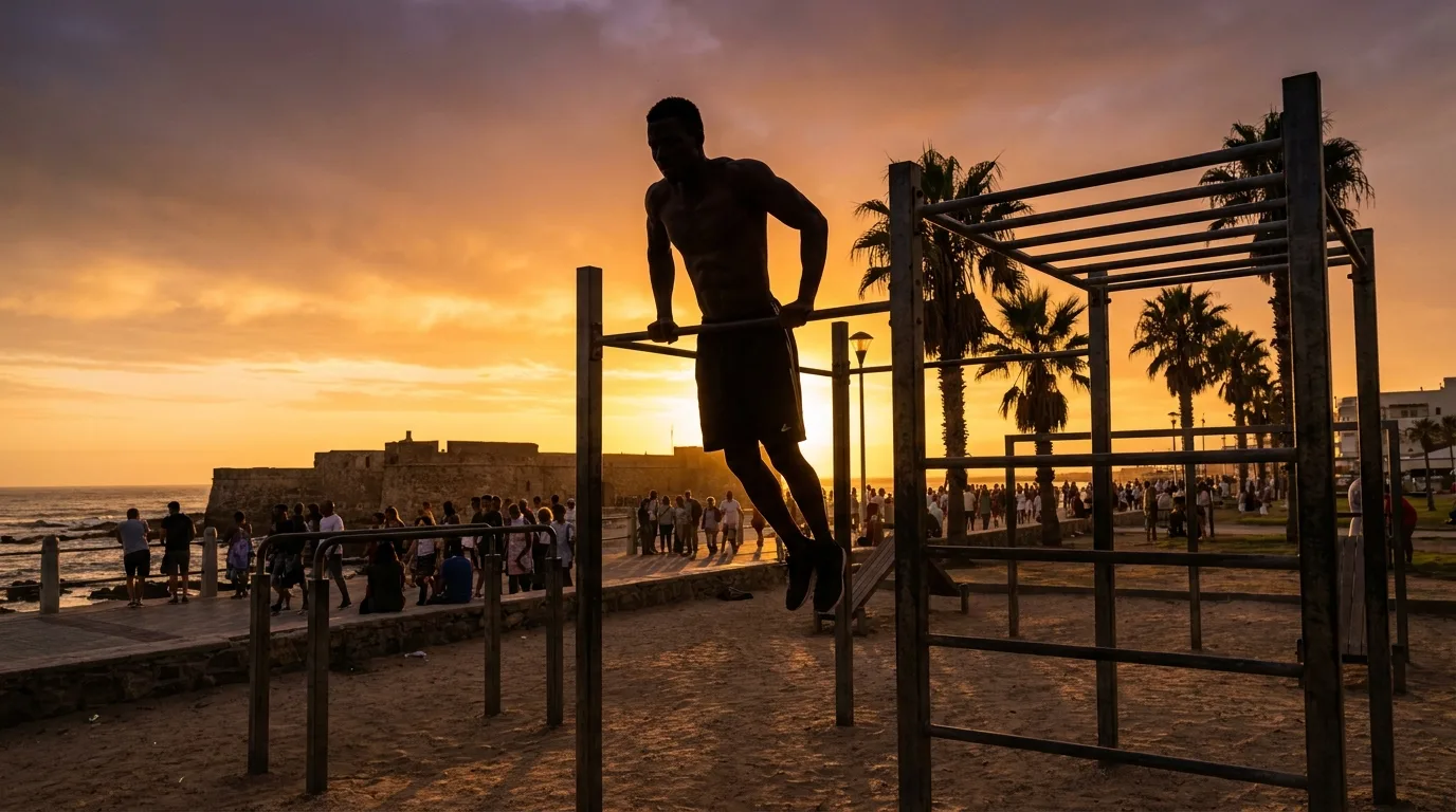 Athlète sur structure de street workout au coucher du soleil